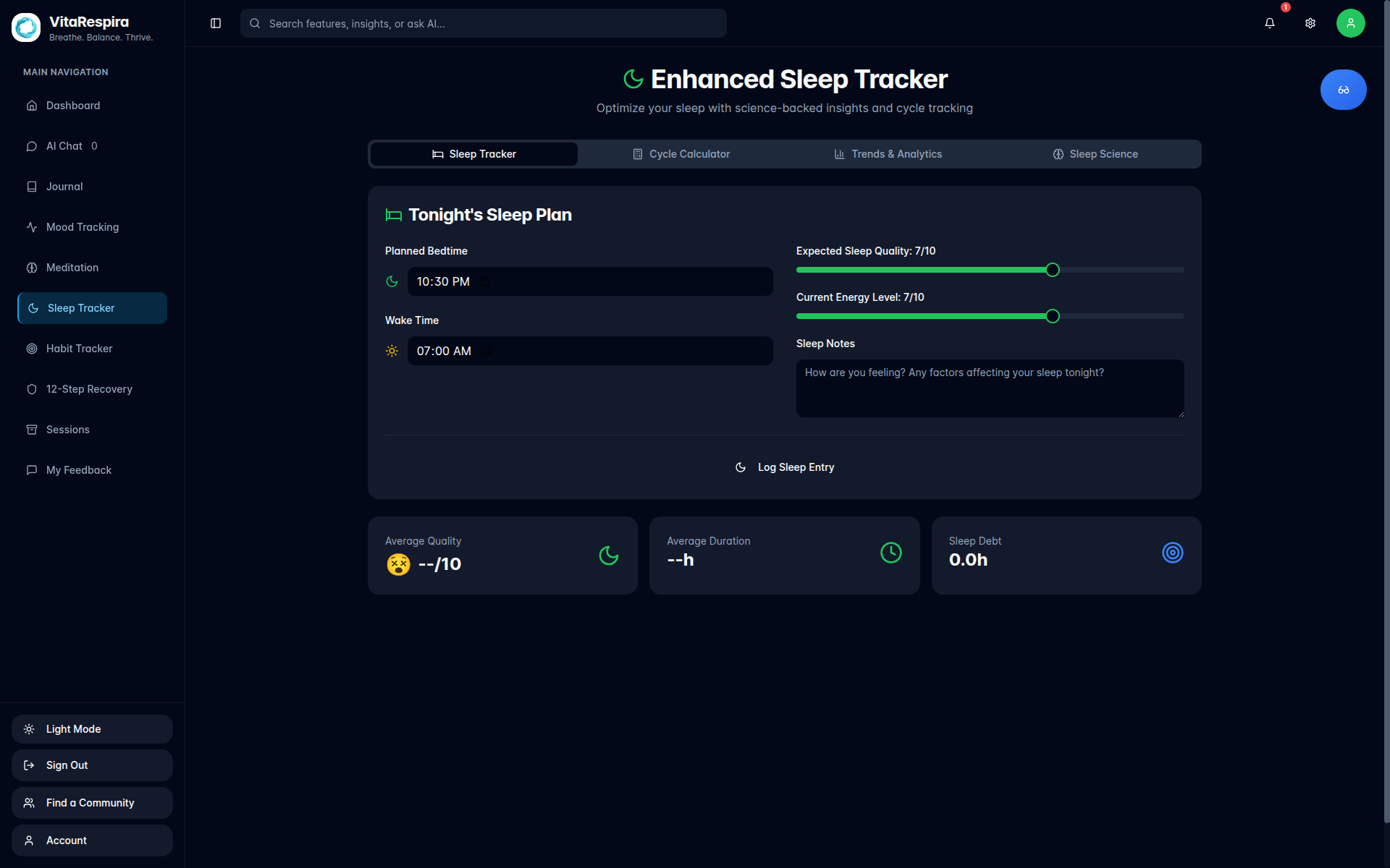 VitaRespira Sleep Tracking